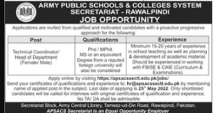 Army Public School And Colleges System Latest Jobs In Rawalpindi